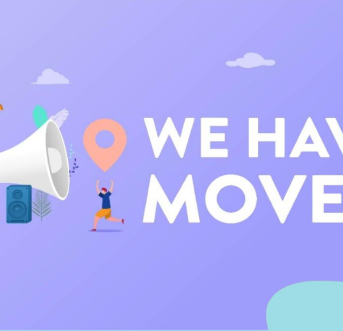 A cartoon image that says 'we have moved' with moving-related icons