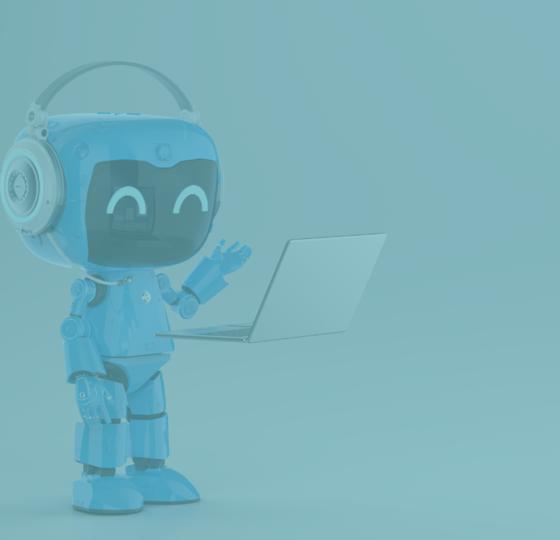 a chatbot standing in front of a floating laptop